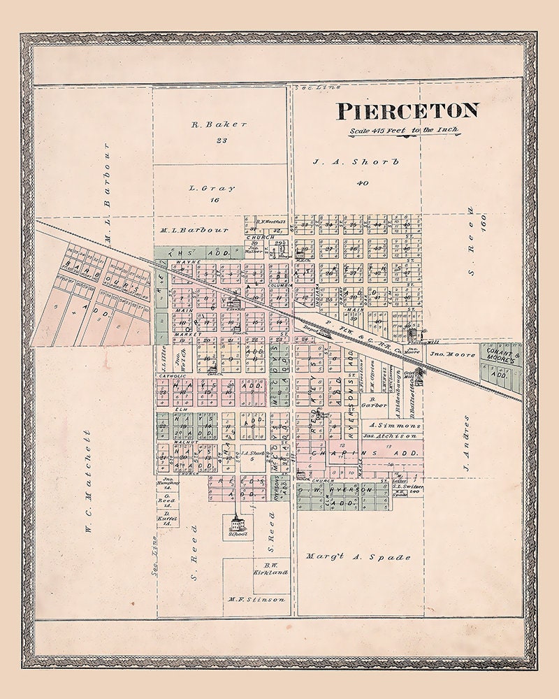 1879 Town Map of Pierceton Kosciusko County Indiana