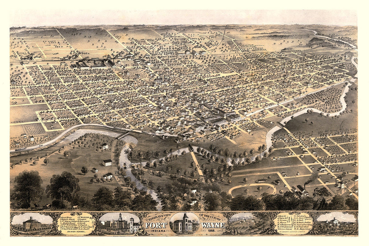 1868 Panoramic Map of Fort Wayne Indiana