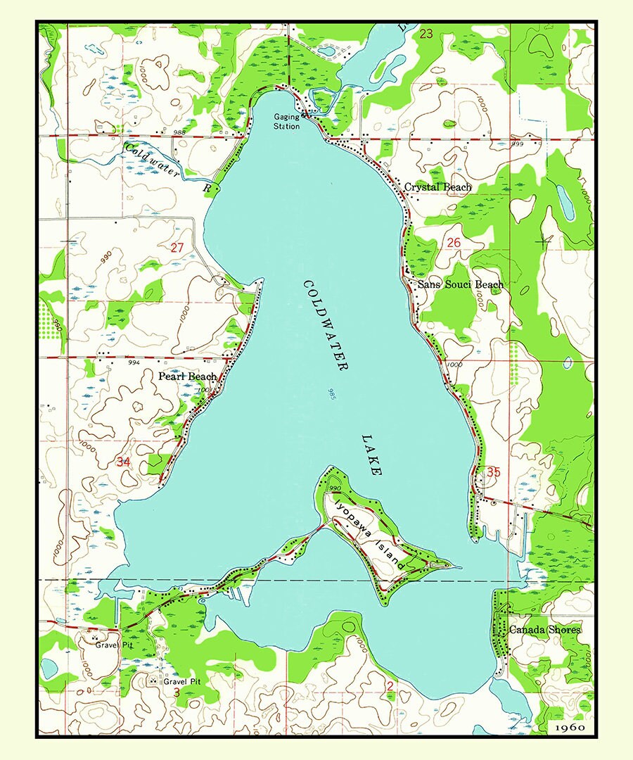 1960 Map of Coldwater Lake Branch County Michigan