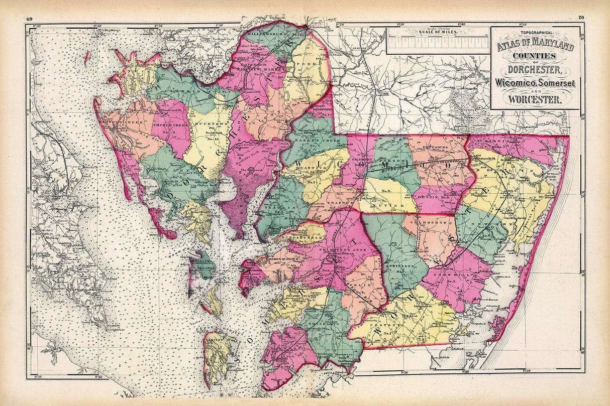 1873 Map of Dorchester Wicomico Somerset and Worcester County Maryland