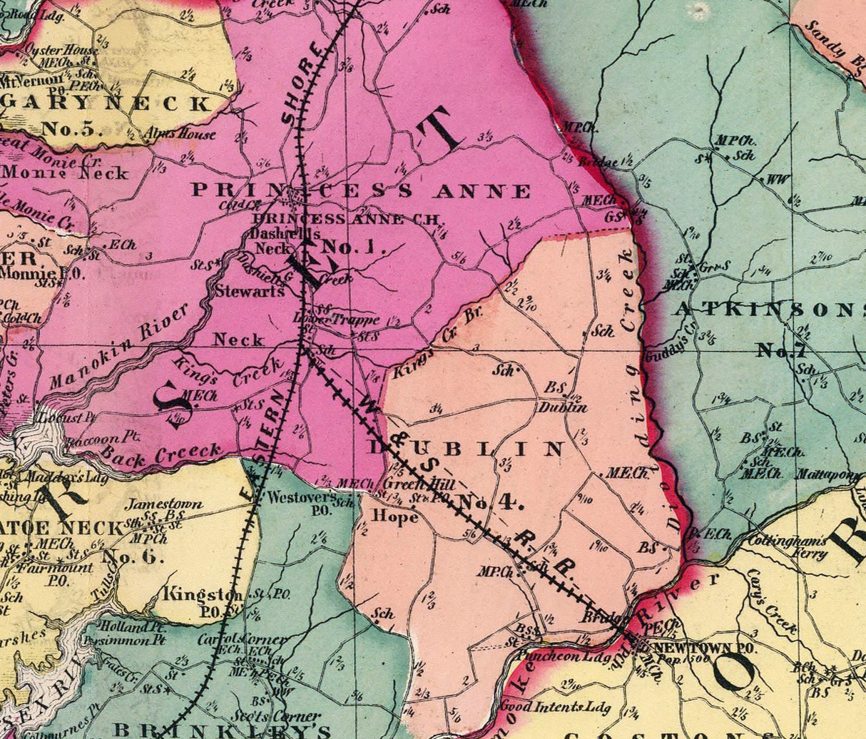 1873 Map of Dorchester Wicomico Somerset and Worcester County Maryland