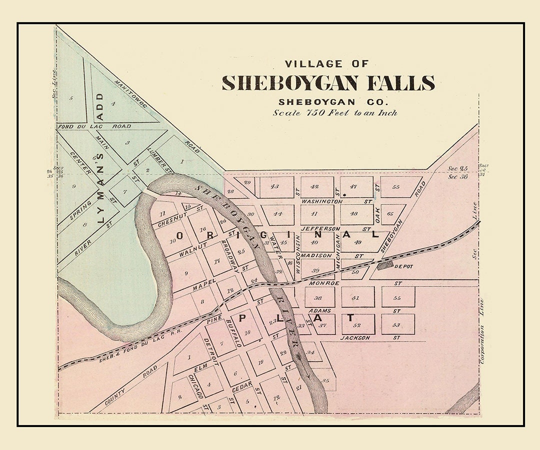 1878 Town Map of Sheboygan Falls Wisconsin