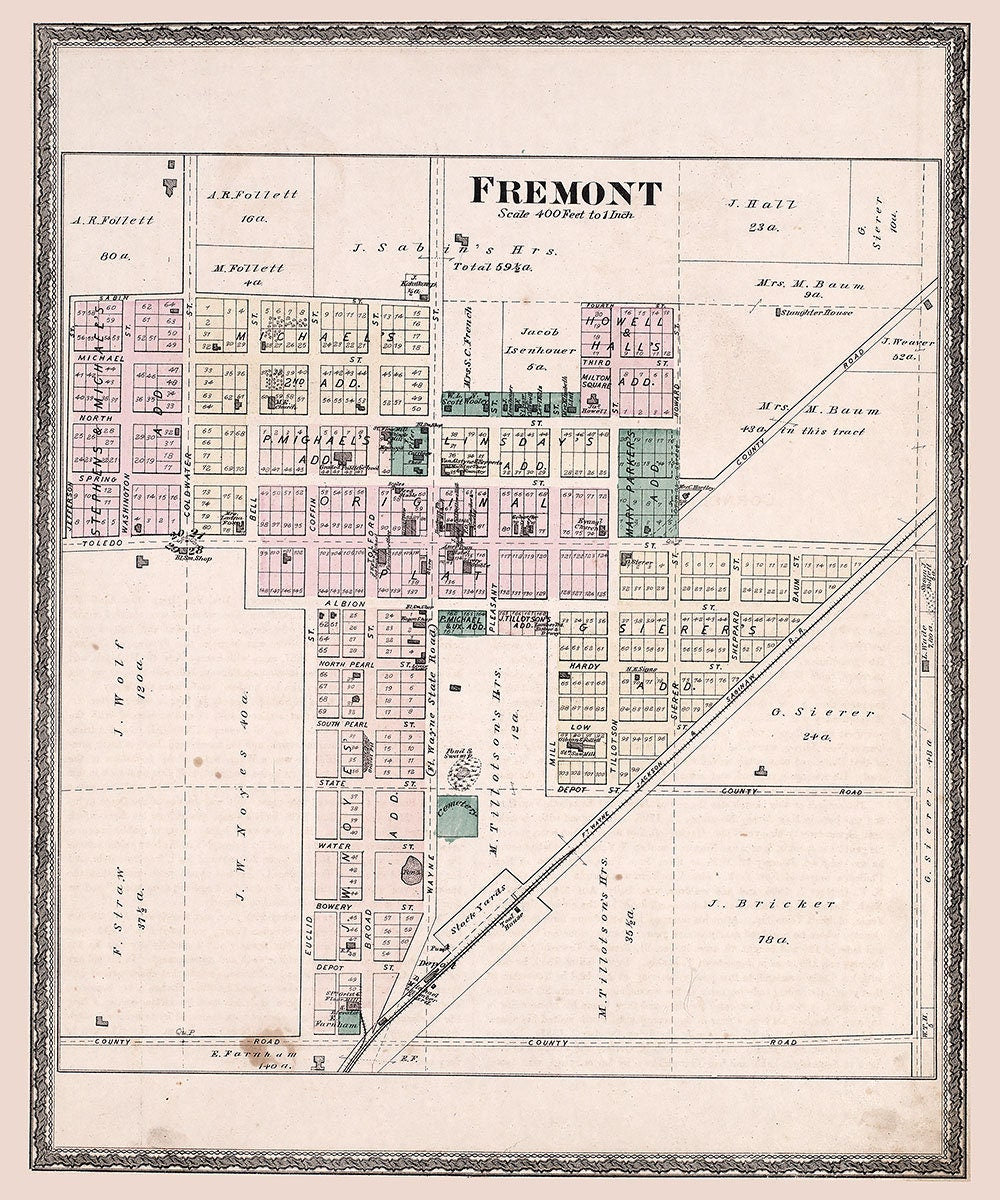 1880 Town Map of Fremont Steuben County Indiana