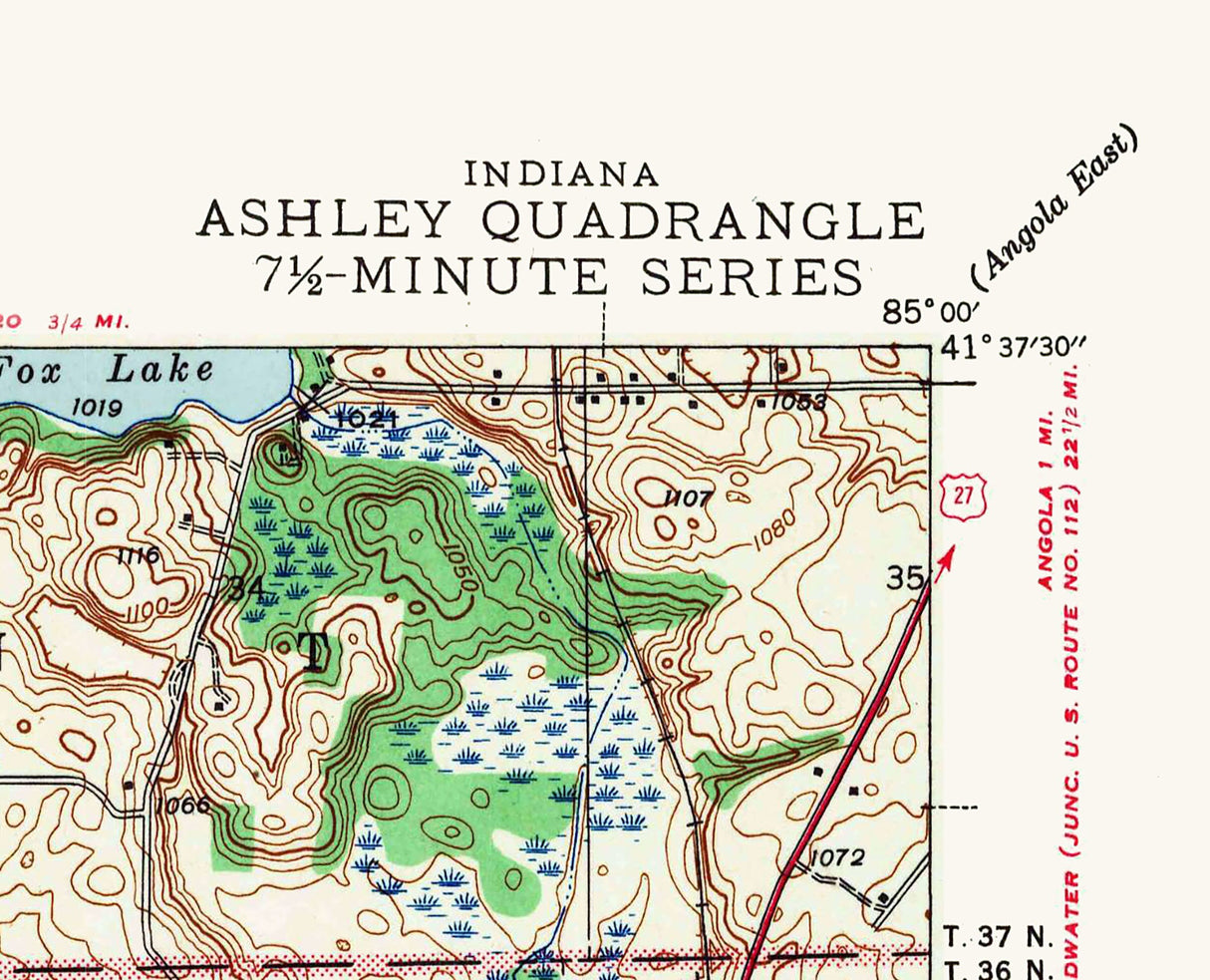 1942 Topo Map of Ashley Indiana Pleasant Lake