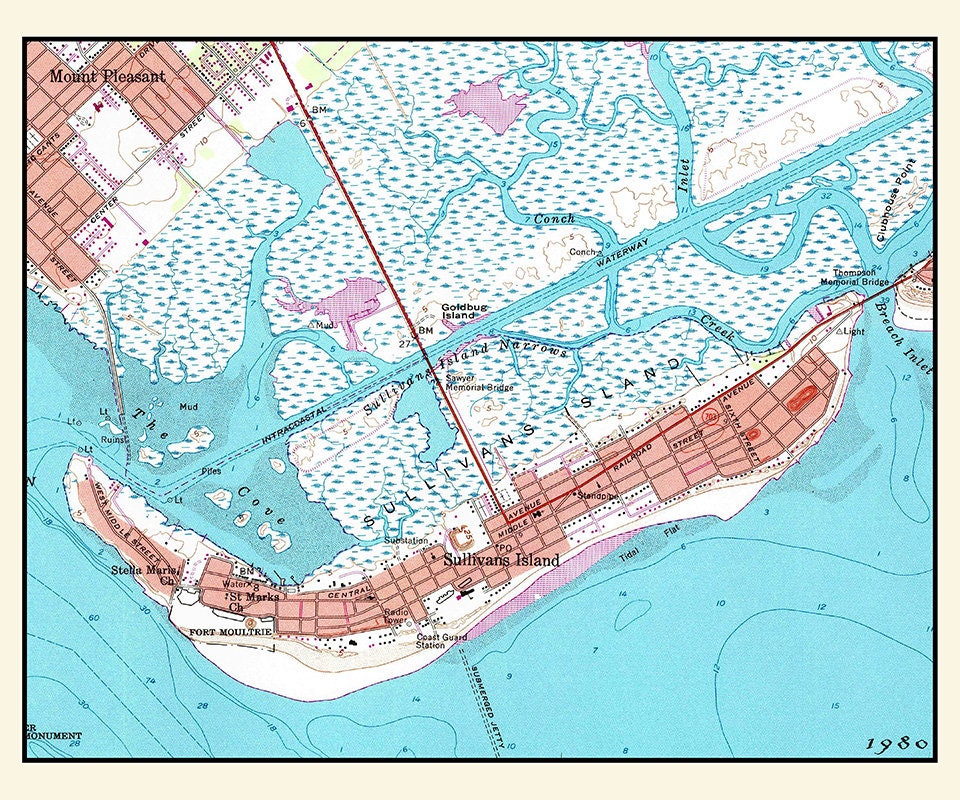 1980 Map of Sullivans Island South Carolina Fort Moultrie