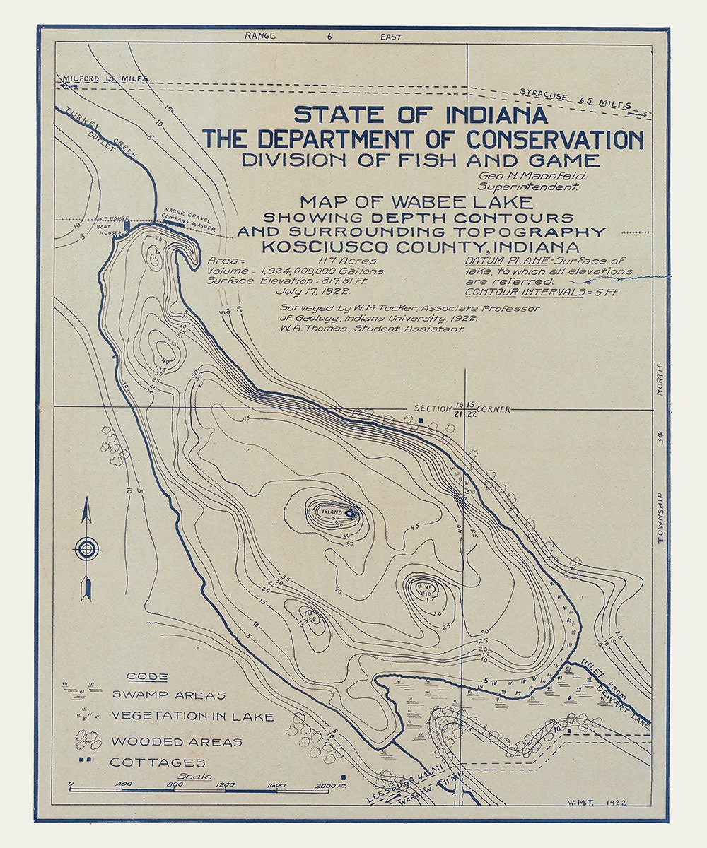 1922 Map of Wabee Lake Kosciusko County Indiana