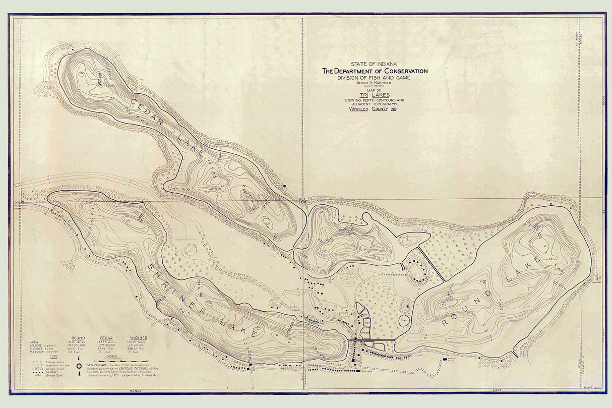 1925 Map of Tri Lakes Whitley County Indiana Cedar Lake Round Lake and Shriner Lake