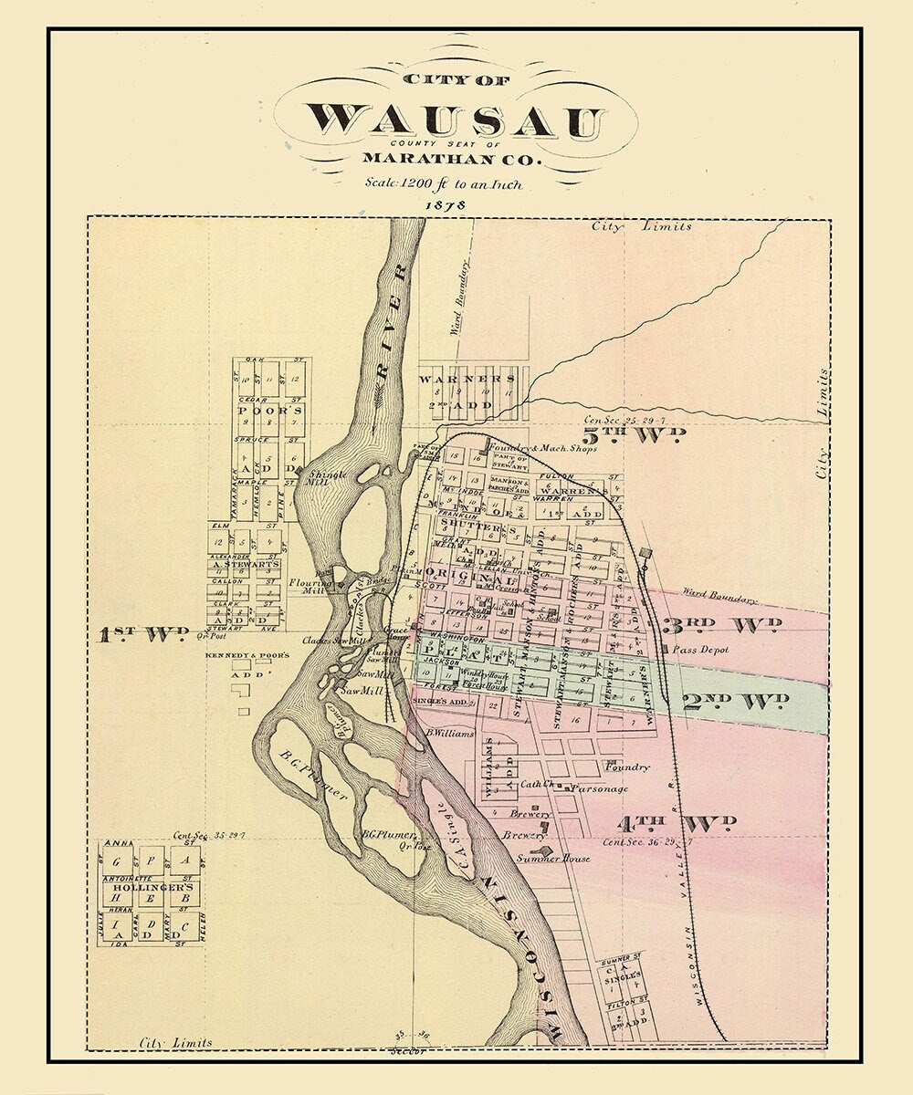 1878 Map of Wausau Marathan County Wisconsin