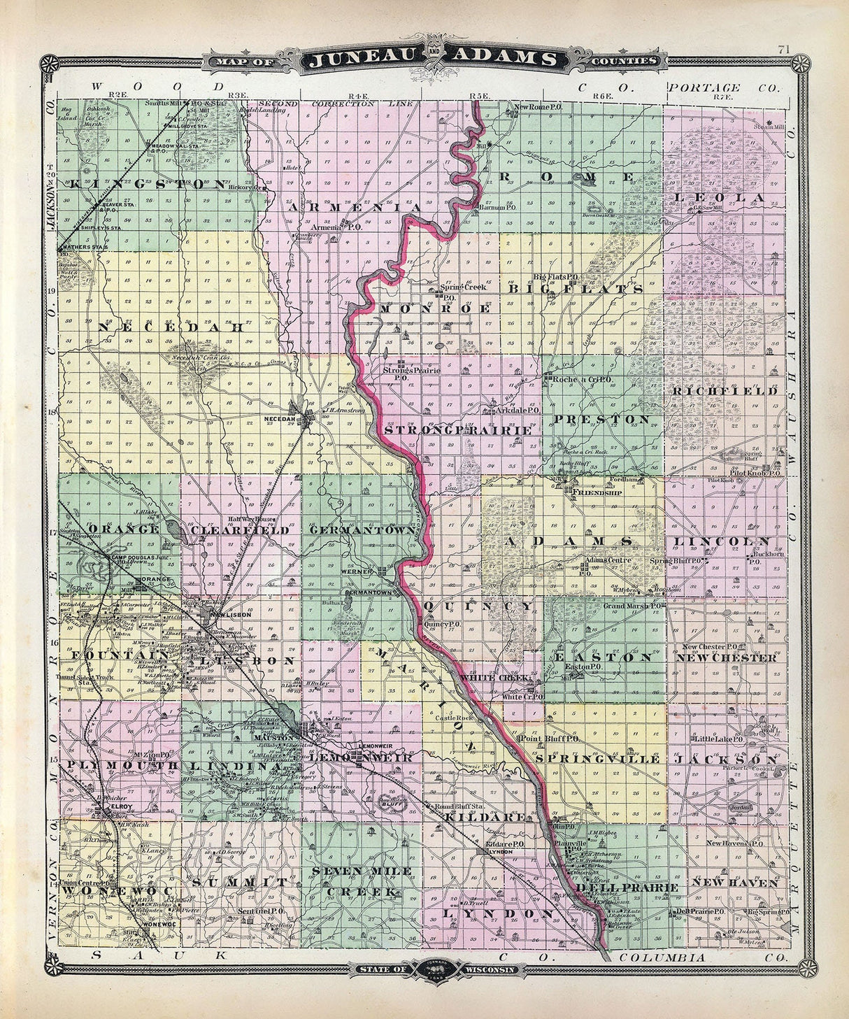 1878 Map of Juneau and Adams County Wisconsin