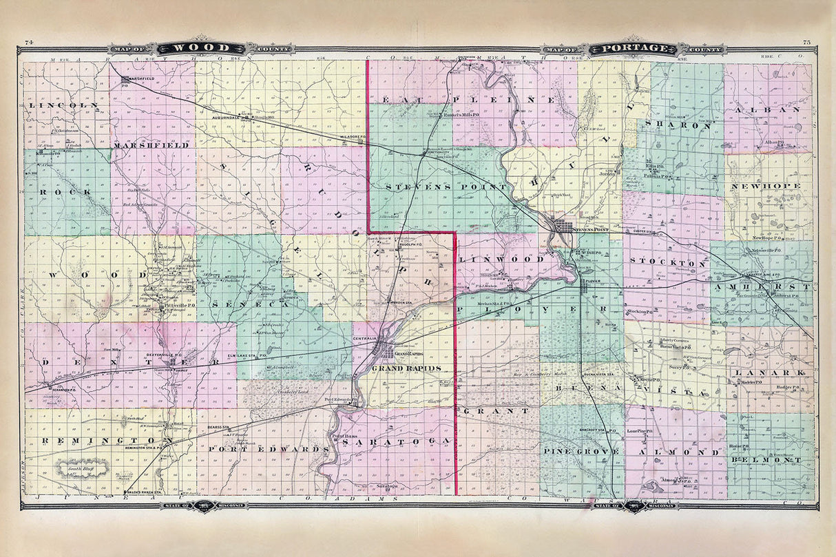1878 Map of Wood and Portage County Wisconsin