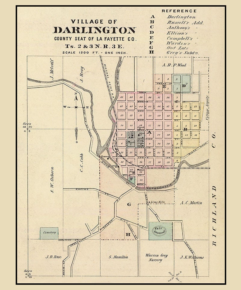 1878 Town Map of Darlington Lafayette County Wisconsin