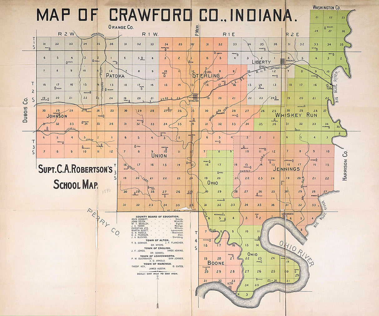 1890 Map of Crawford County Indiana Schools