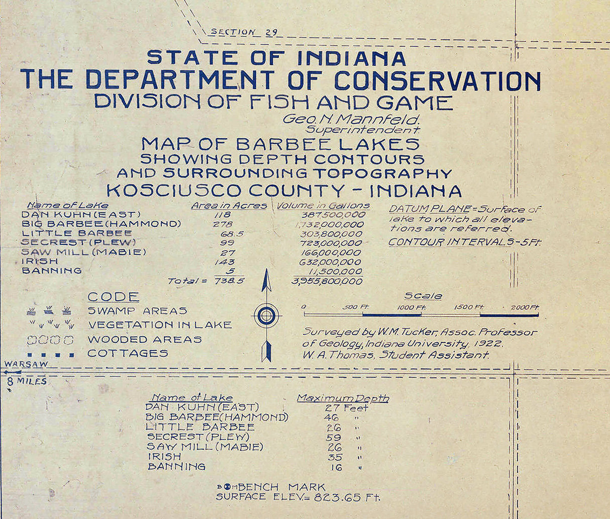 1922 Map of Barbee Lakes Kosciusko County Indiana