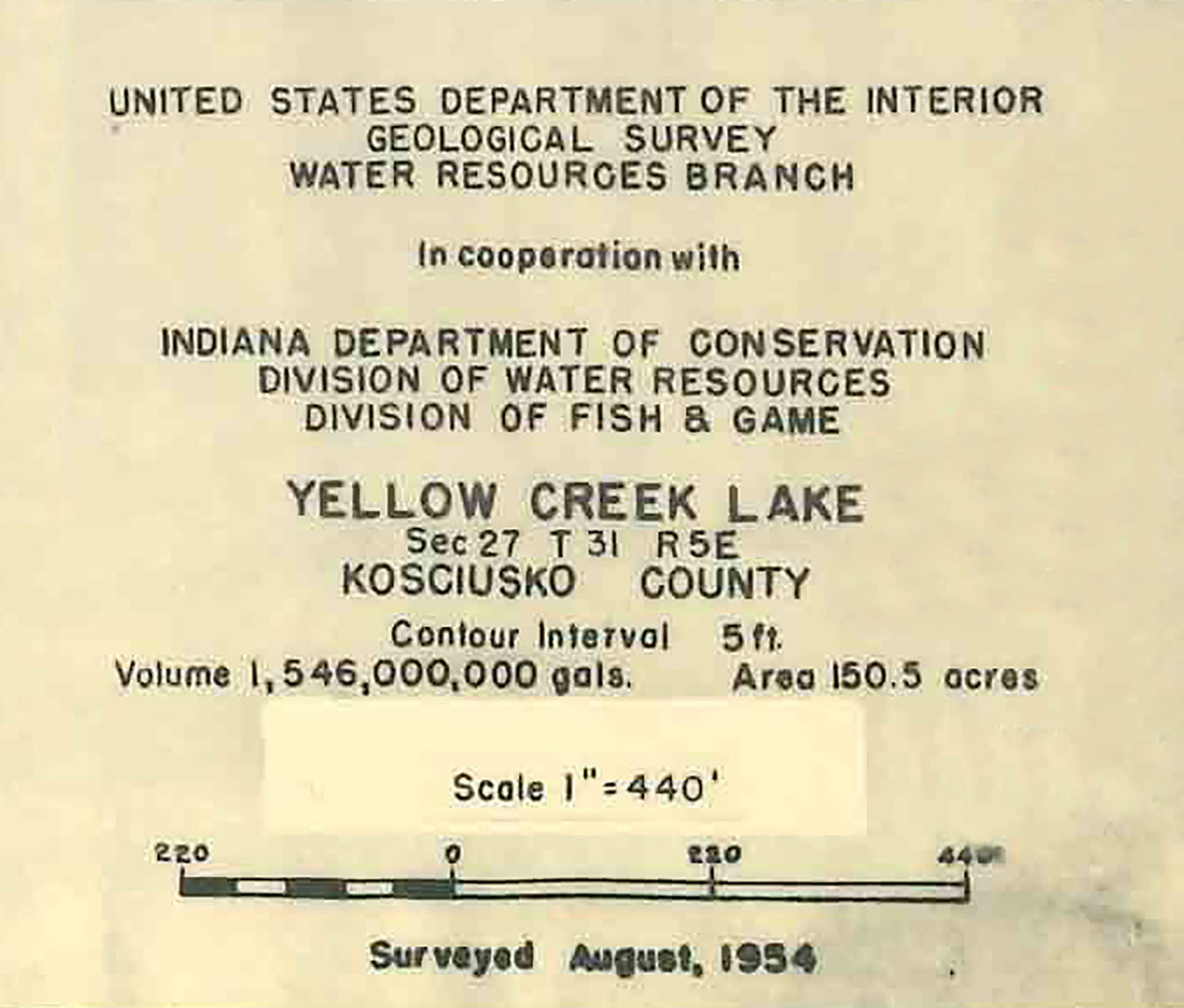 1954 Map of Yellow Creek Lake Kosciusko County Indiana