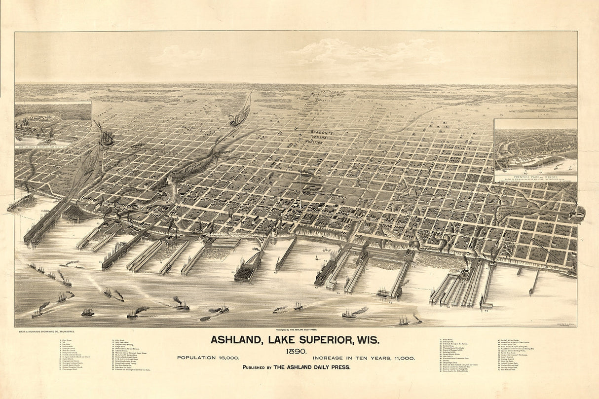 1890 Panoramic Map of Ashland Lake Superior Wisconsin