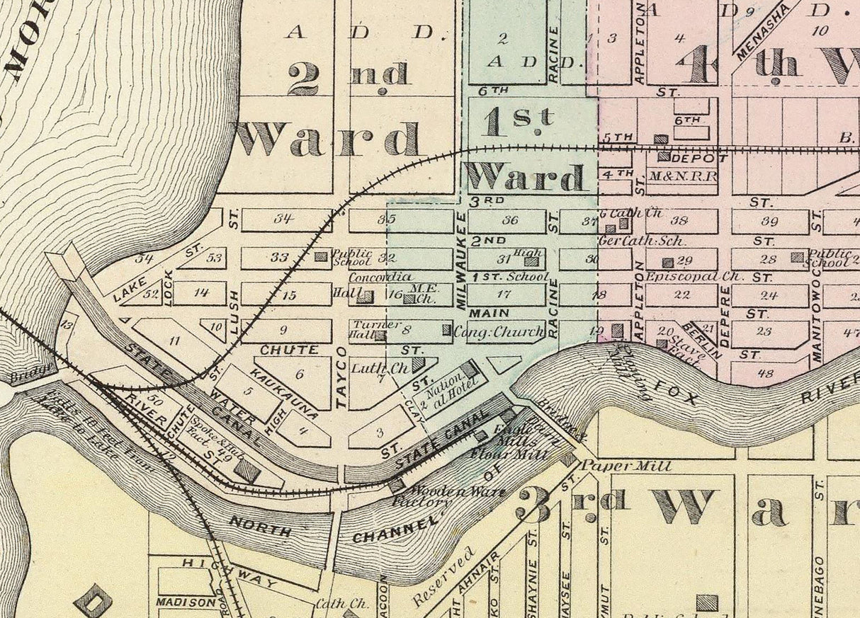 1878 Town Map of Menasha and Neenah Winnebago County Wisconsin