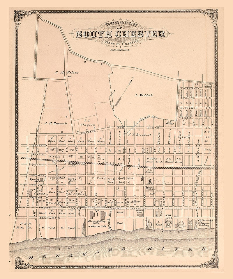 1875 Town Map of South Chester Delaware County Pennsylvania