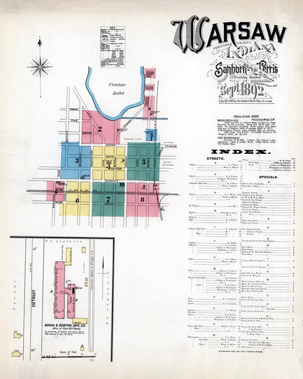 1892 Town Map of Warsaw Kosciusko County Indiana