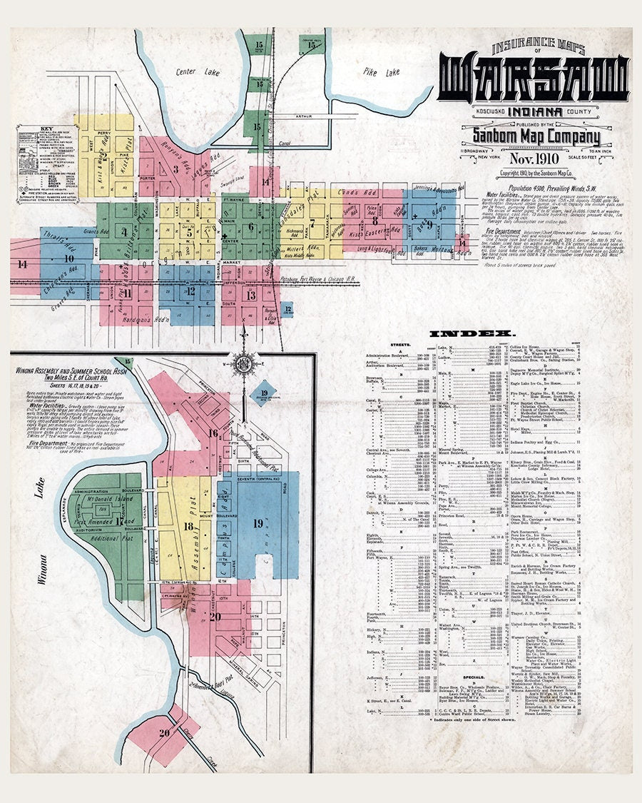 1910 Town Map of Warsaw Kosciusko County Indiana