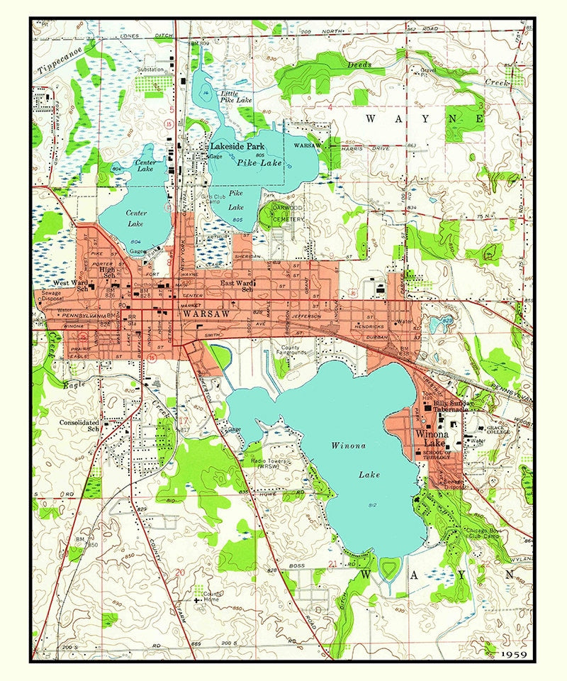 1959 Map of Warsaw Indiana Winona Lake