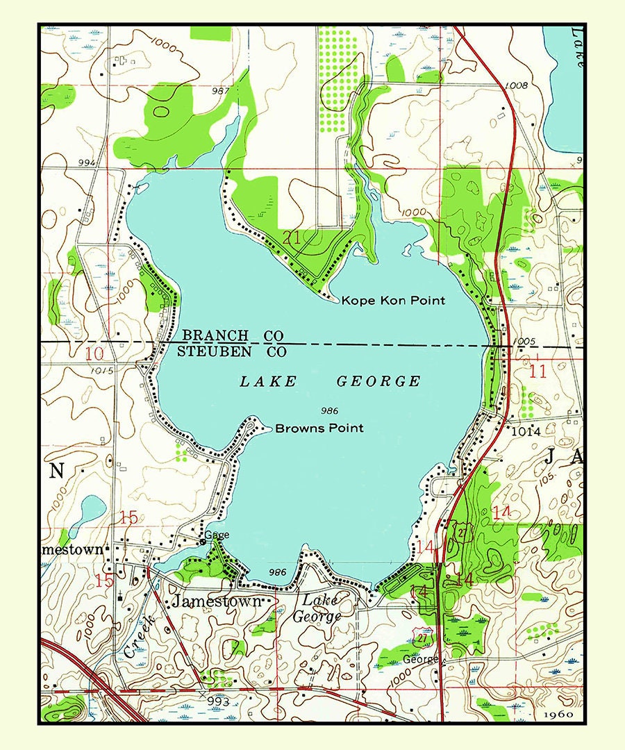 1960 Map of Lake George Steuben County Indiana