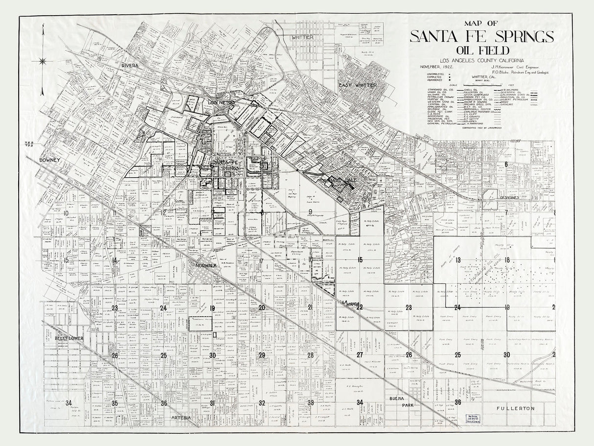 1922 Farm Line Map of Santa Fe Springs Oil Field California