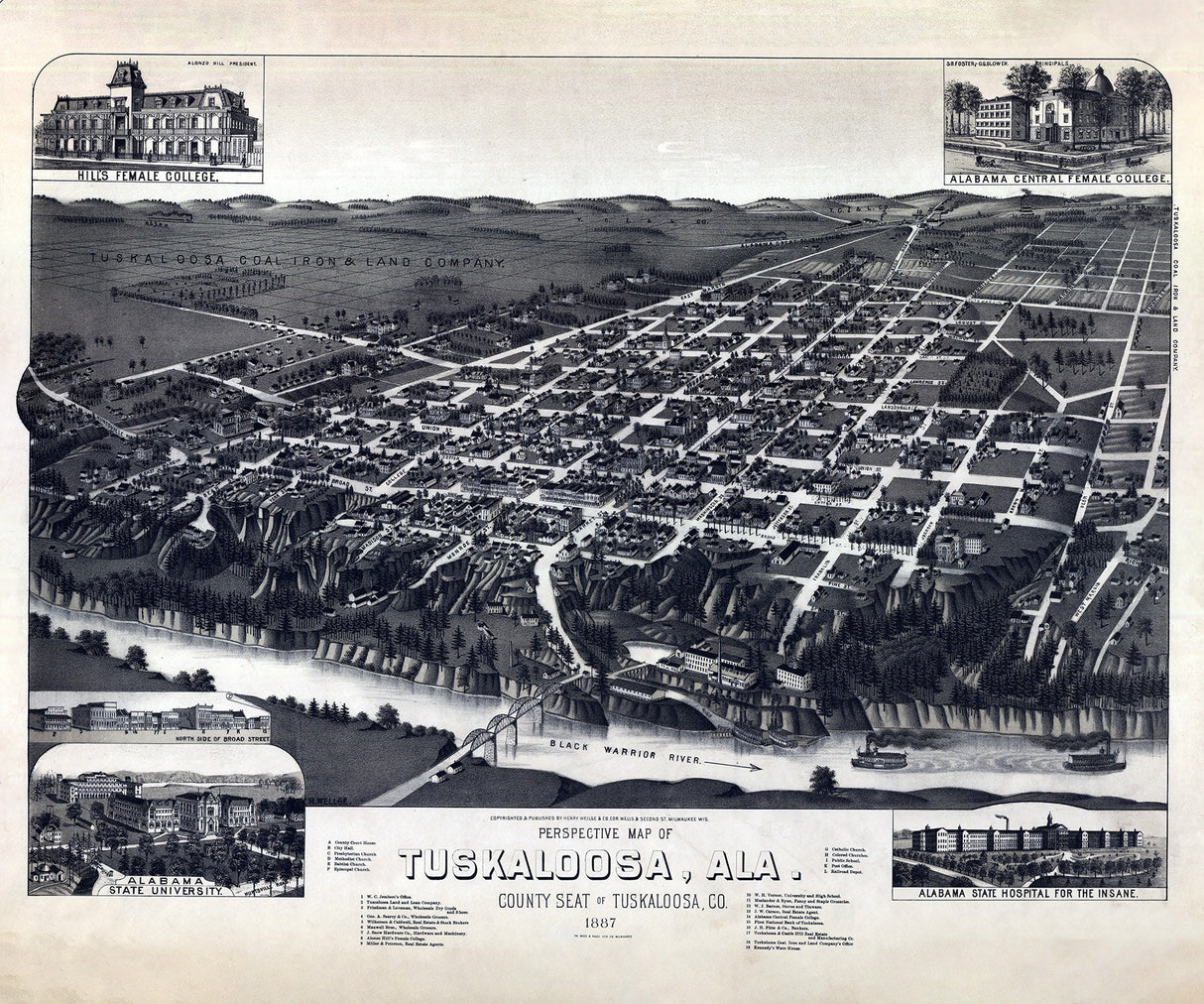 1887 Panoramic Map of Tuskaloosa Alabama