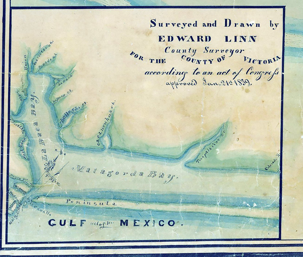 1840 Town Map of Calhoun Texas Matagorda Bay