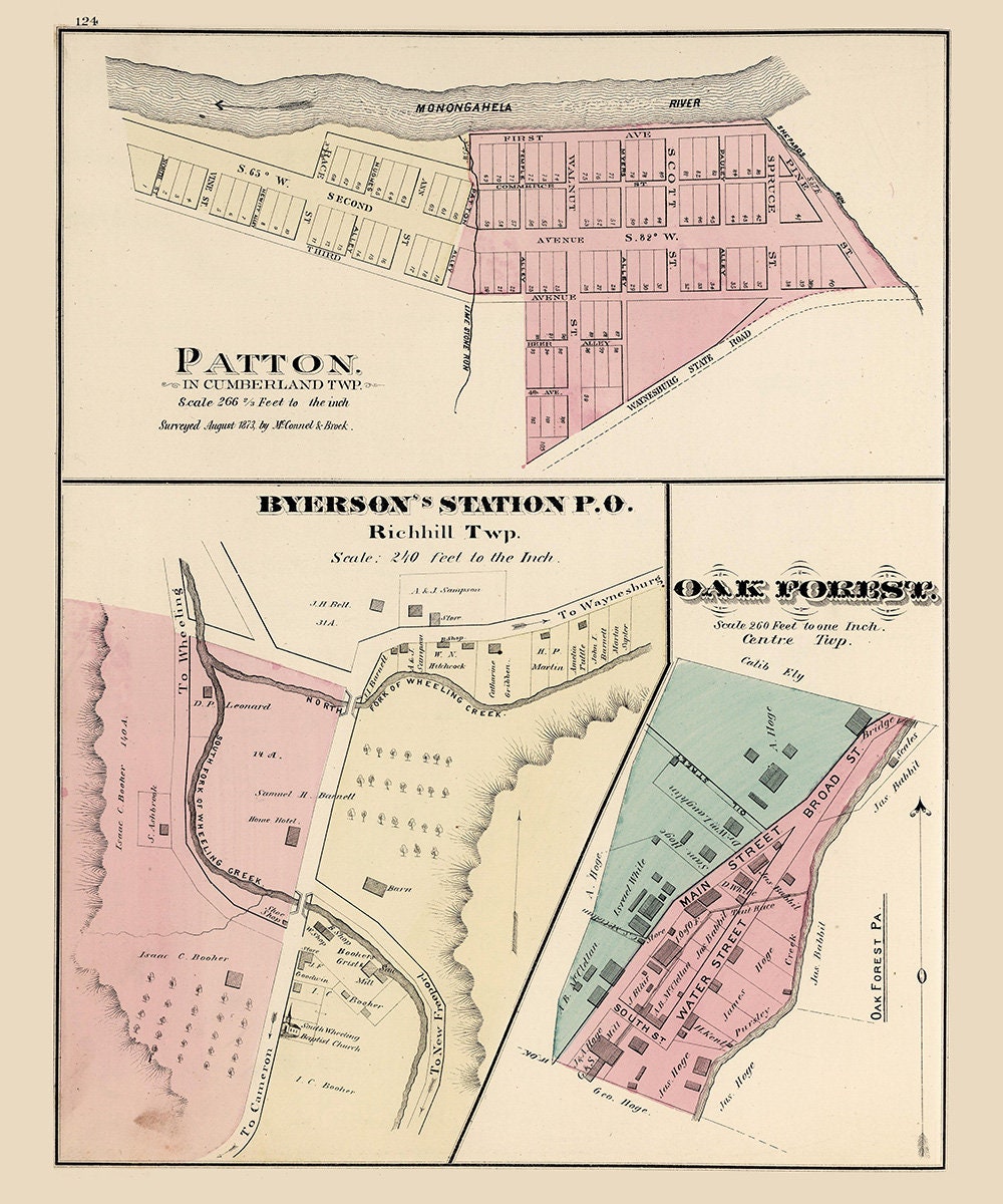 1876 Map of Ryerson Station Greene County Pennsylvania Oak Forest