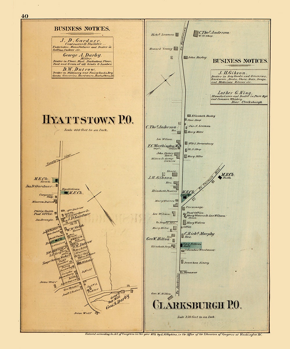 1879 Map of Hyattstown and Clarksburgh Maryland