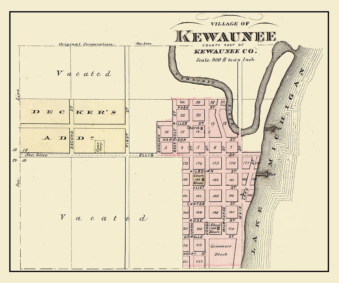 1878 Town Map of Kewaunee Wisconsin