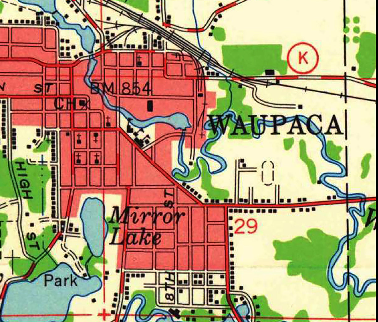 1959 Map of Waupaca Wisconsin and Chain O Lakes