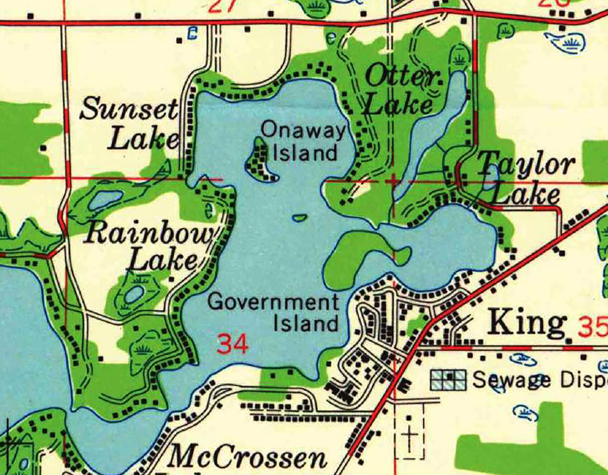 1959 Map of Waupaca Wisconsin and Chain O Lakes