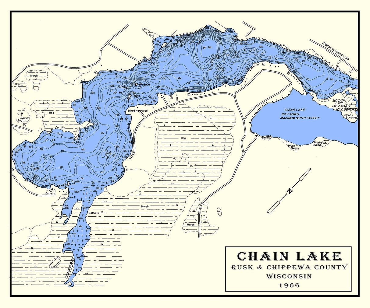 1966 Map of Chain Lake Rusk and Chippewa County Wisconsin