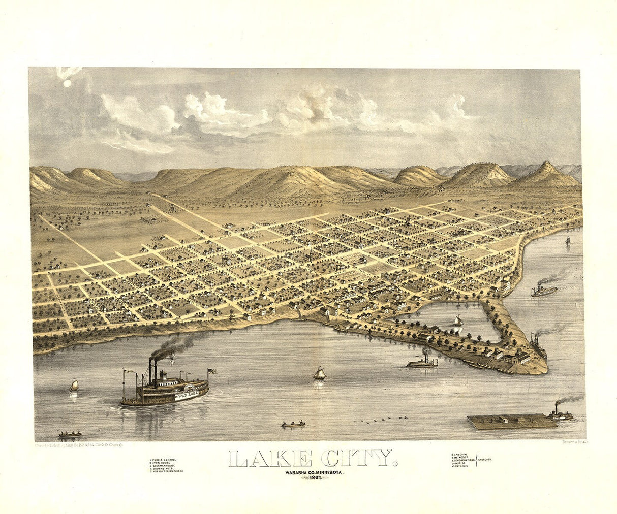 1867 Panoramic Map of Lake City Wabasha County Minnesota