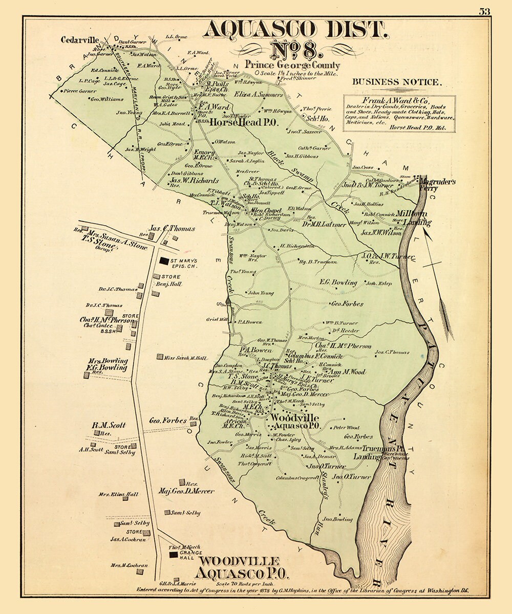 1879 Map of Aquasco District Montgomery County Maryland