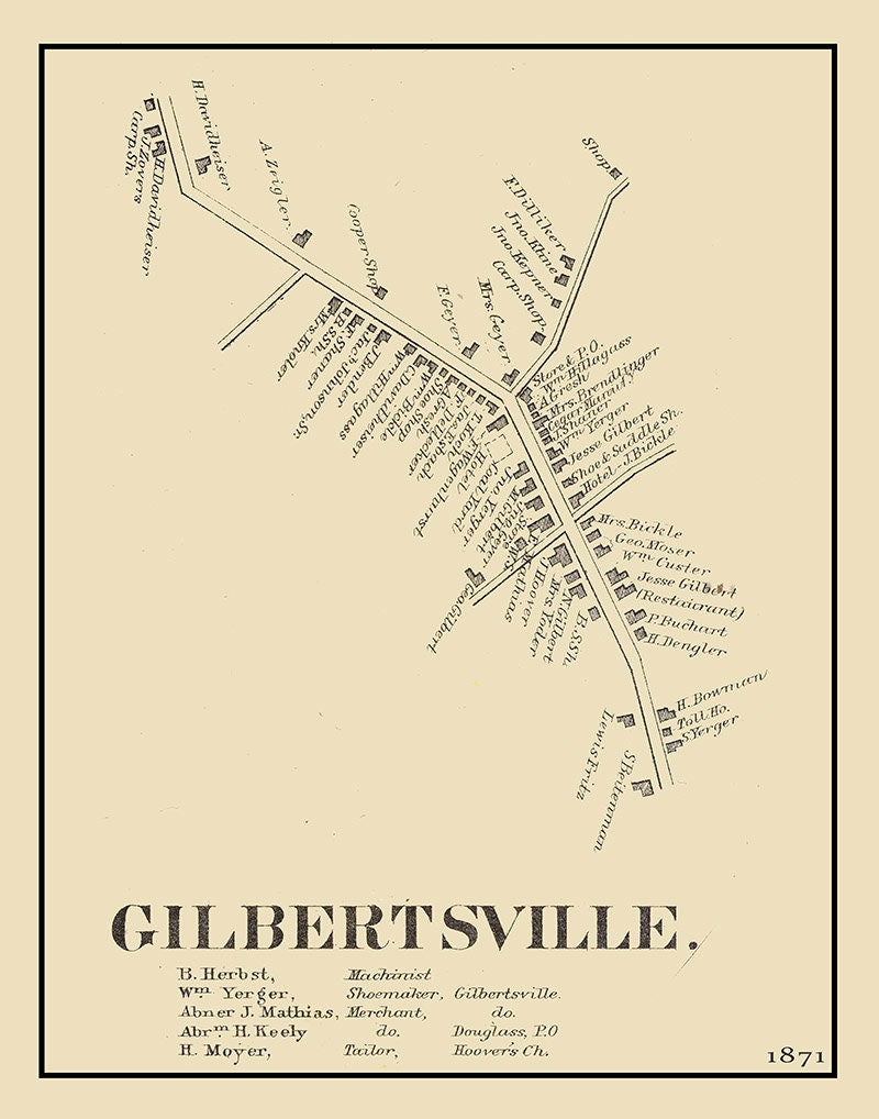 1871 Map of Gilbertsville Montgomery County Pennsylvania