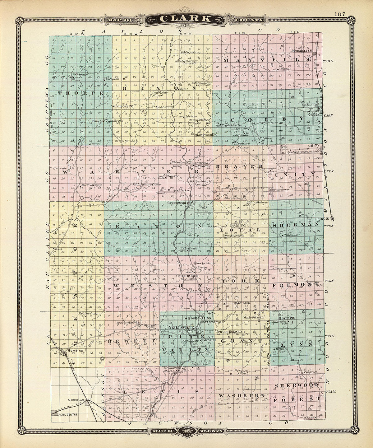 1878 Map of Clark County Wisconsin