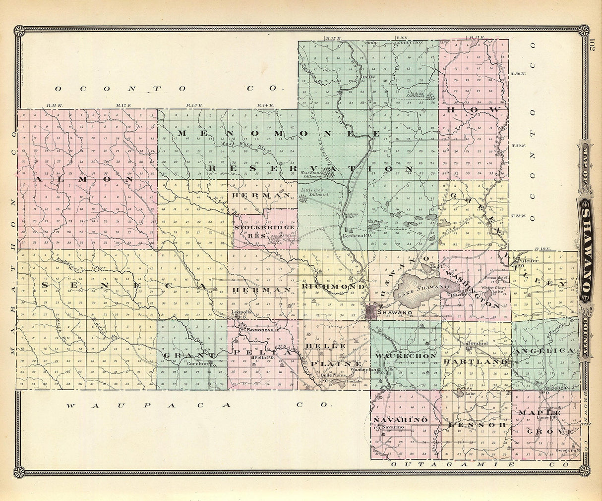 1878 Map of Shawano County Wisconsin