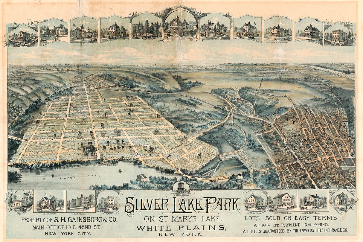 1888 Panoramic Map of Silver Lake Park St Marys Lake New York