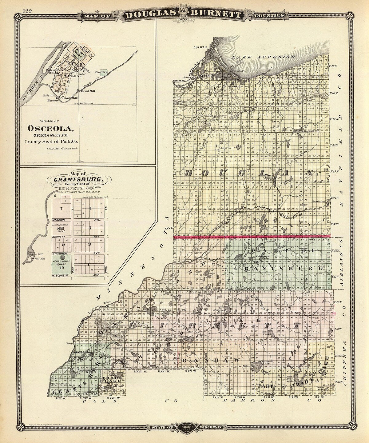 1878 Map of Douglas and Burnett County Wisconsin