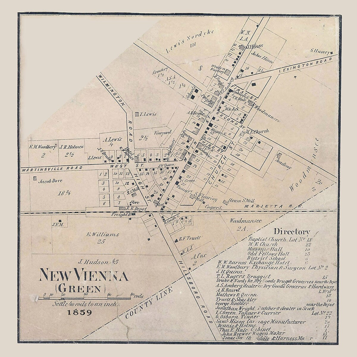 1859 Map of New Vienna Clinton County Ohio