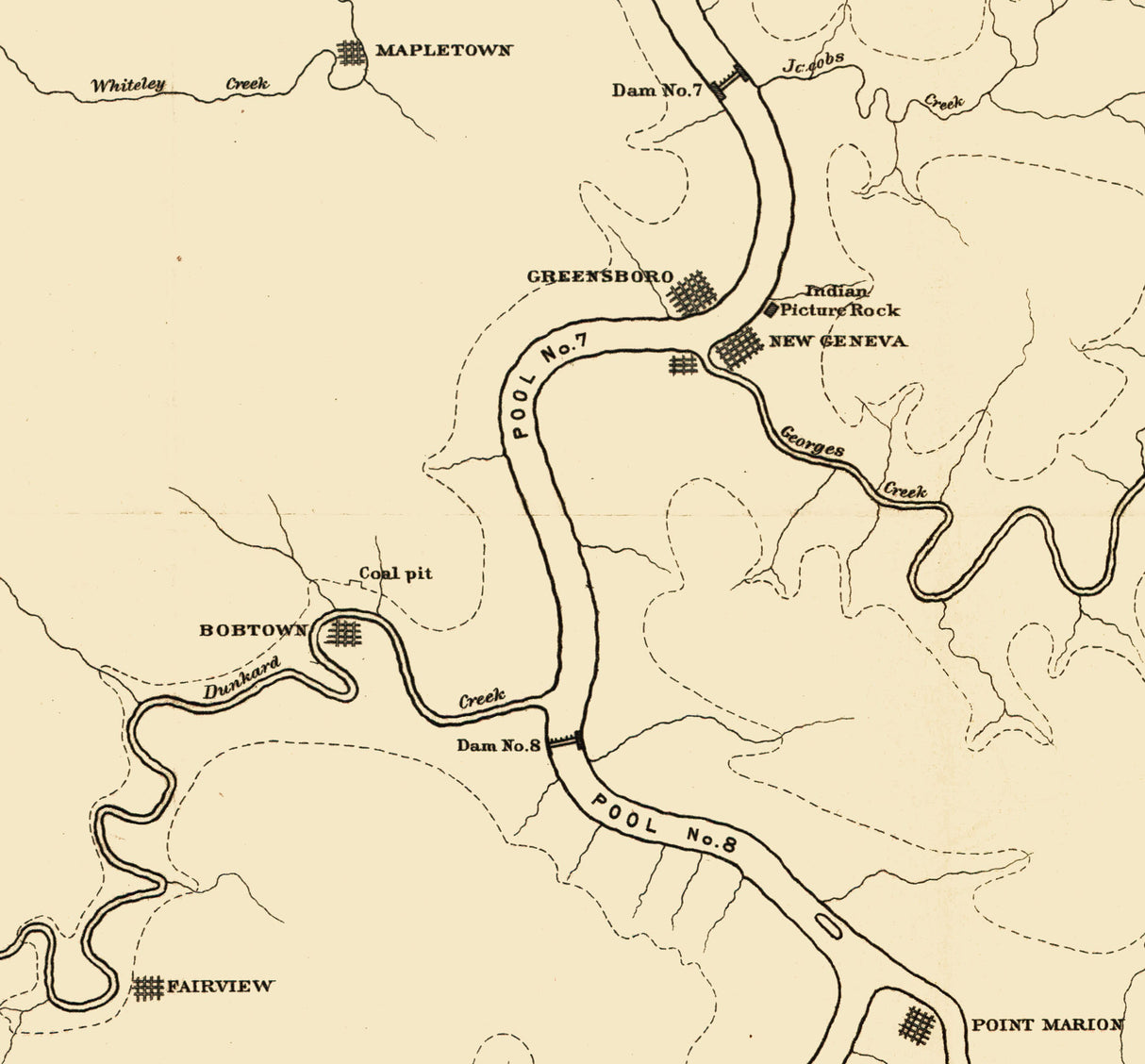 1884 Map of Coal Mines Along the Monongahela River Pennsylvania