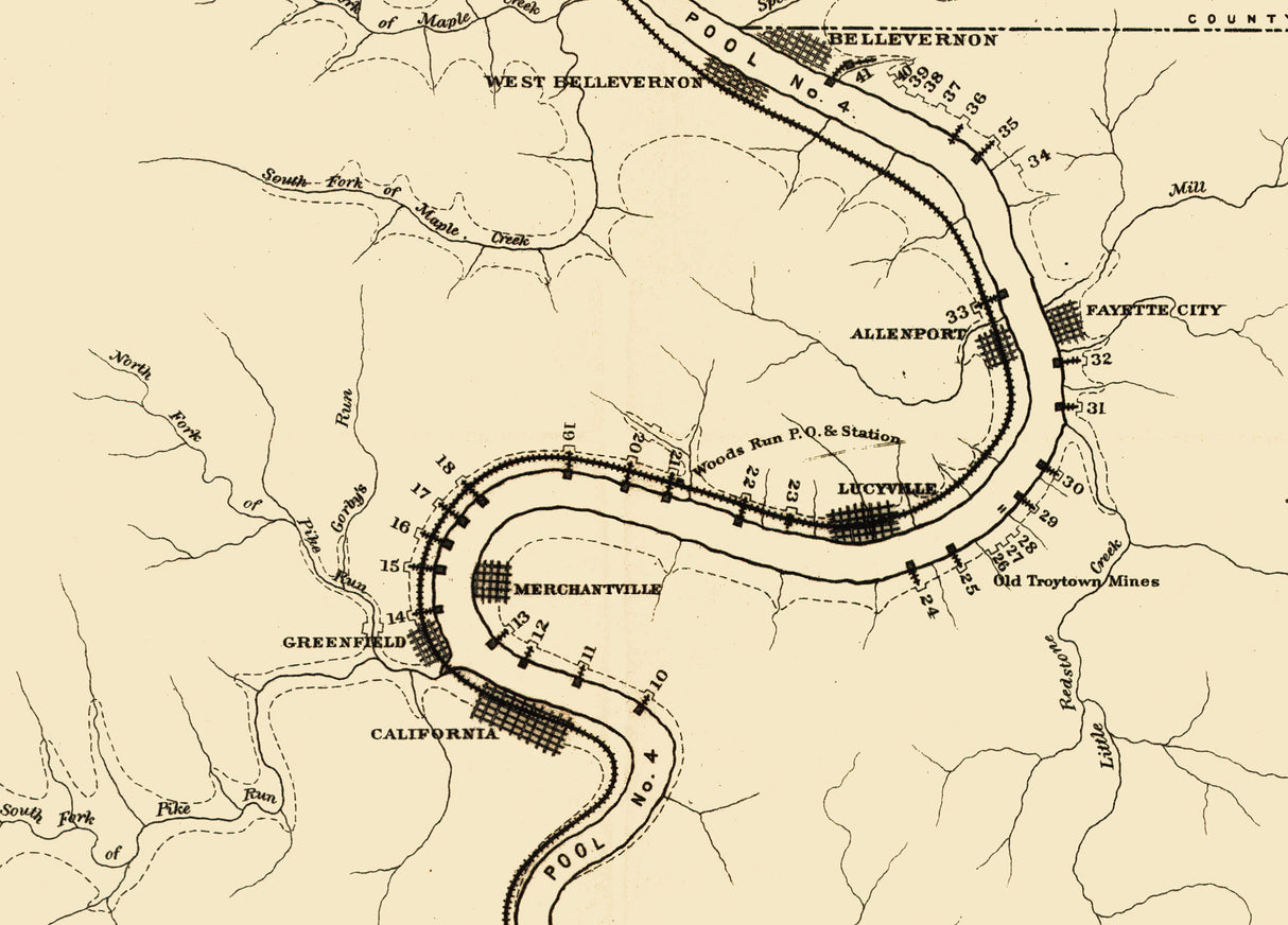 1884 Map of Coal Mines Along the Monongahela River Pennsylvania