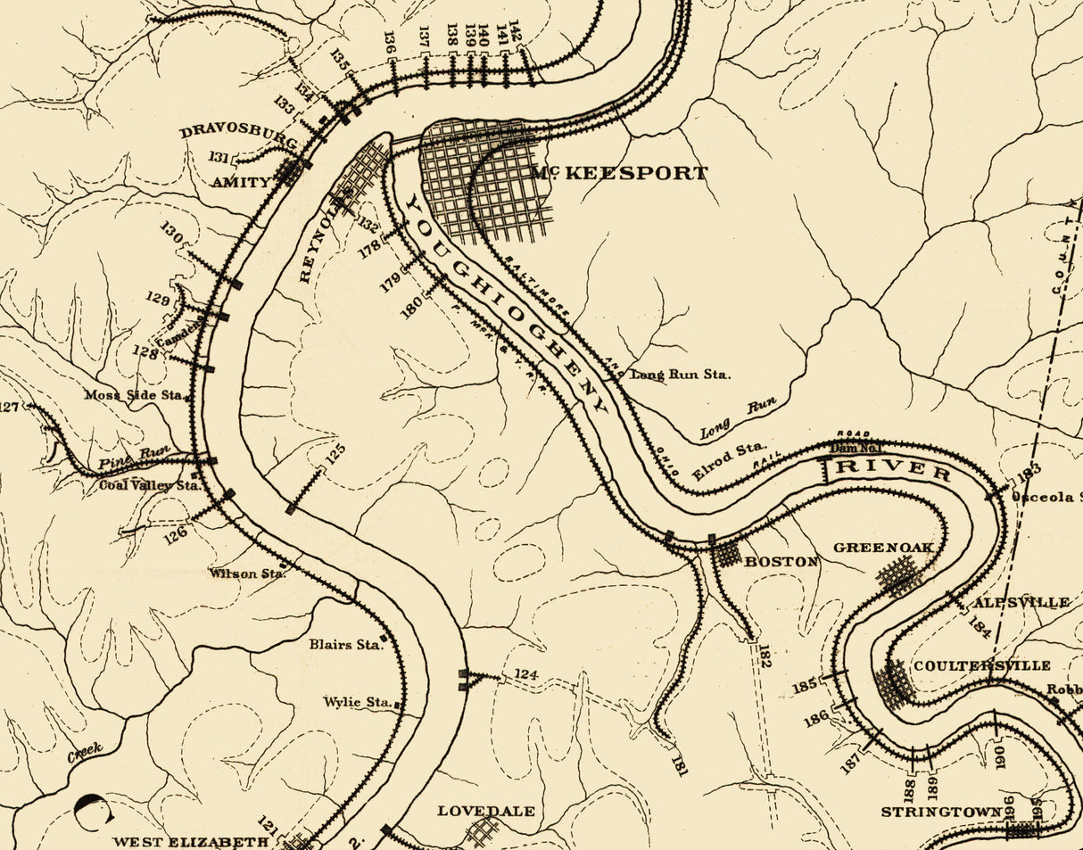 1884 Map of Coal Mines Along the Monongahela River Pennsylvania