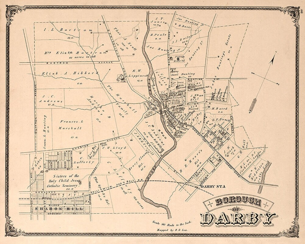 1875 Town Map of Darby Delaware County Pennsylvania