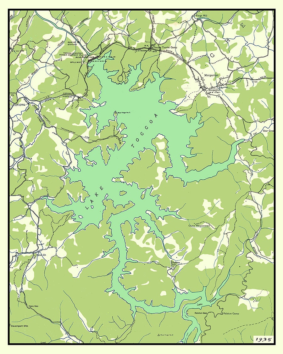 1935 Map of Blue Ridge Lake Georgia Lake Toccoa