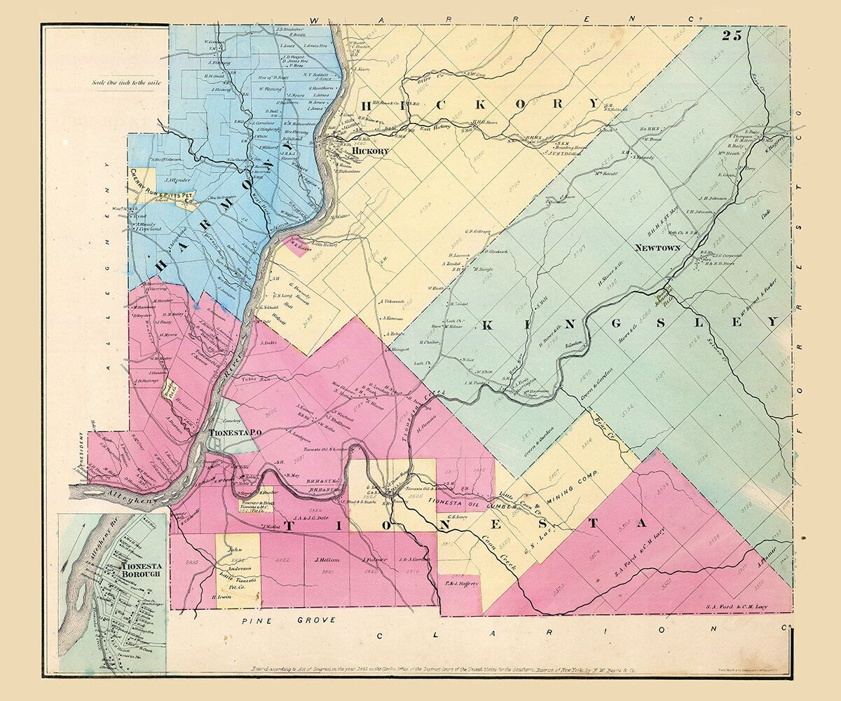1865 Map of Harmony Hickory Kingsley and Tionesta Township Venango County Pa