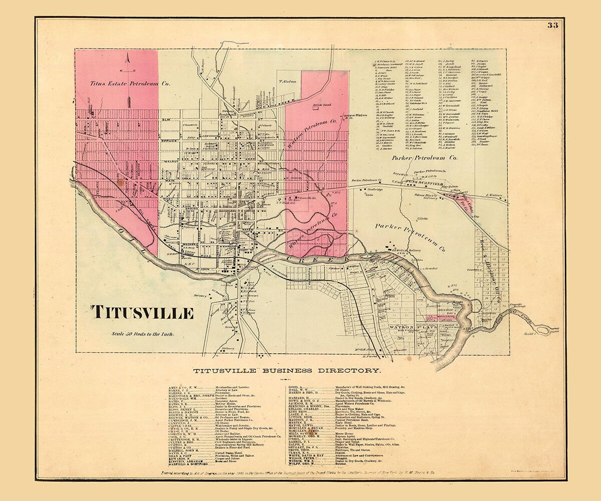 1865 Map of Titusville Venango County Pennsylvania Oil Region