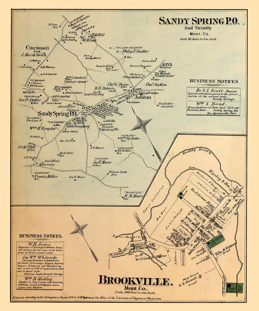 1879 Map of Sandy Spring and Brookville Montgomery County Virginia